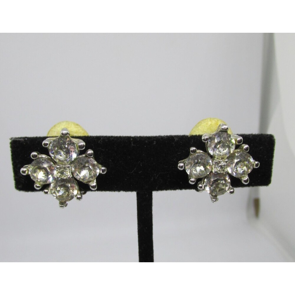 Vintage signed BOGOFF elegant silver toned rhinestone clip-on Cluster earrings